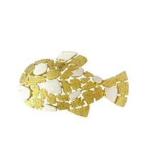 Vintage Textured Gold Tone Enamel Fish Brooch Pin MCM Mosaic 2.5"
